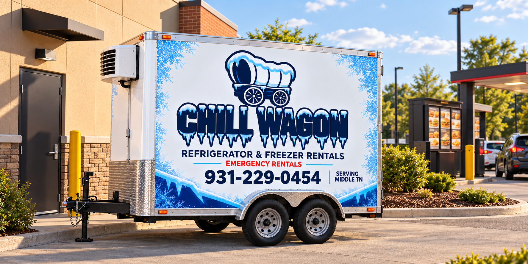 Chill Wagon trailer beside a fast-food restaurant